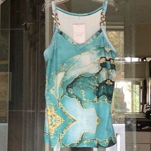 ETCYY V-Neck Tropics Top with Gold Ring Straps. NWT. Sz L.